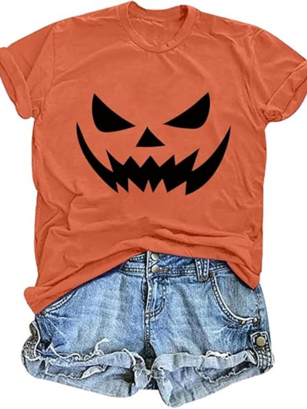 🆕 Women's Orange Scary Jack O Lantern Pumpkin Face Halloween Graphic Tee